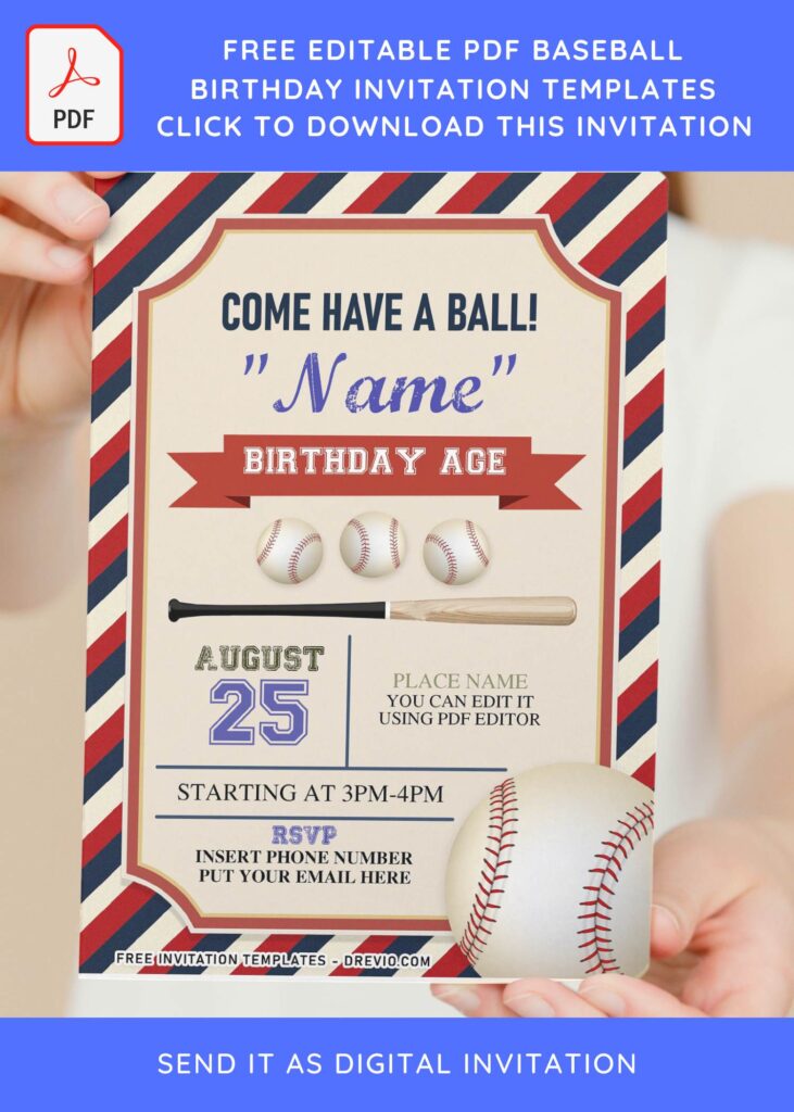 (Free Editable PDF) Awesome Baseball Boys Birthday Invitation Templates with colorful striped background