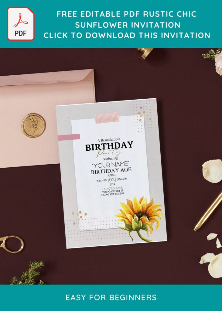 (Free Editable PDF) Modern Chic Sunflower Birthday Invitation Templates with blush pink background