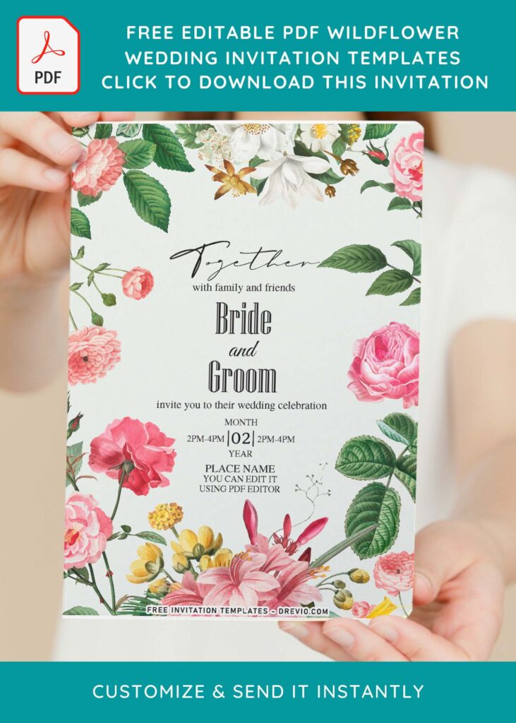 (Free Editable PDF) Beautiful Wildflower Save The Date Wedding Invitation Templates with pink ranunculus