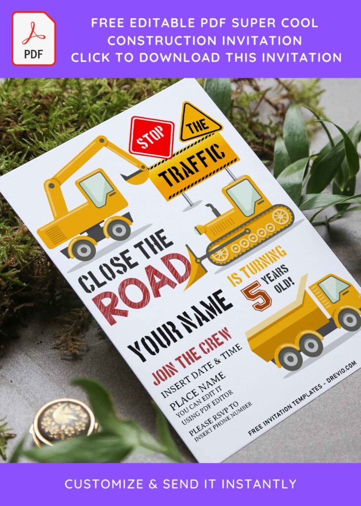 (Free Editable PDF) Super Cool Construction Themed Birthday Invitation Templates with traffic sign