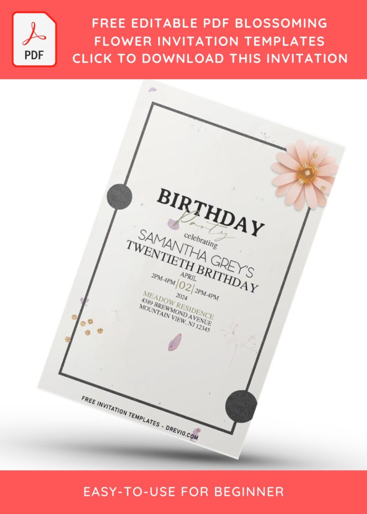 (Free Editable PDF) Modest Blossoming Floral Birthday Invitation Templates with blush pink daisy