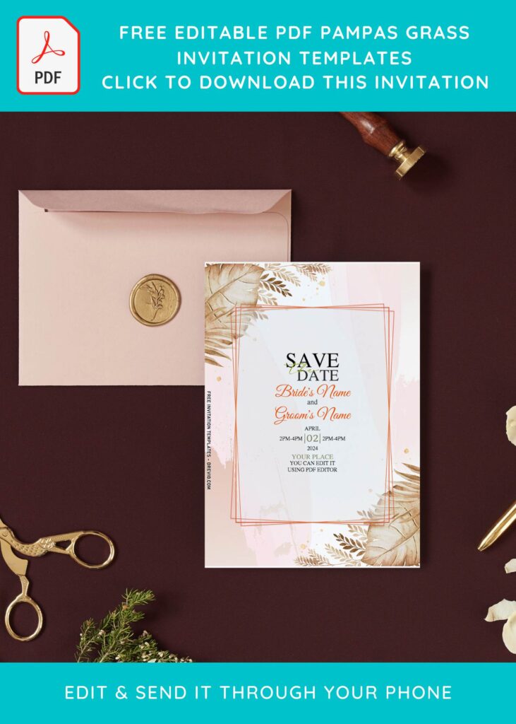 (Free Editable PDF) Enchanted Pampas Save The Date Invitation Templates with white rustic background