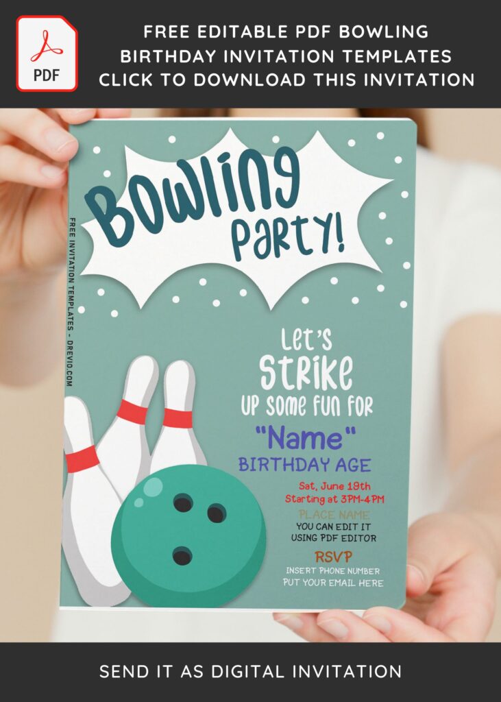 (Free Editable PDF) Strike Up Fun Bowling Birthday Invitation Templates with colorful text