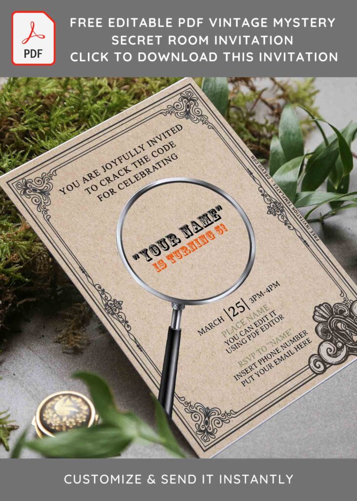 (Free Editable PDF) Vintage Mystery Birthday Invitation Templates with Sherlock Holmes Magnifier glass