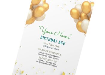(Free Editable PDF) Elegant Sparkling Gold Balloons Invitation Templates with stunning gold balloons