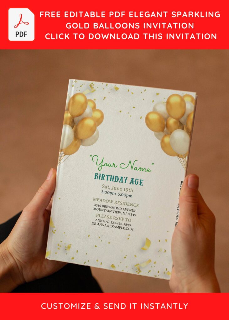(Free Editable PDF) Elegant Sparkling Gold Balloons Invitation Templates with rose gold balloons