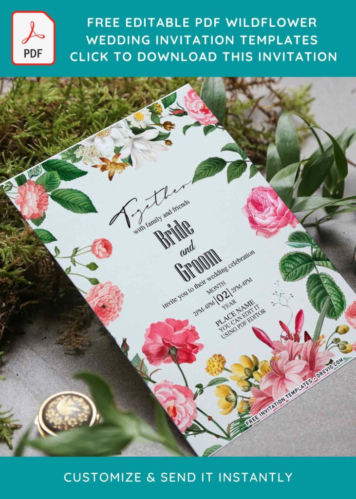 (Free Editable PDF) Beautiful Wildflower Save The Date Wedding Invitation Templates with green foliage