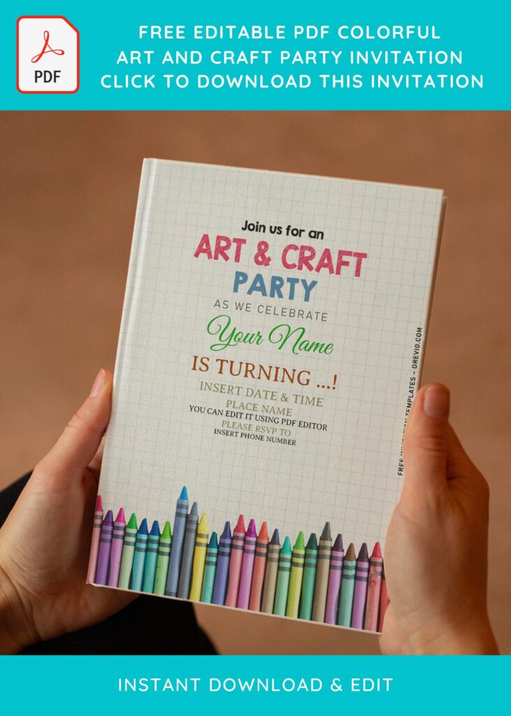 (Free Editable PDF) Colorful Art & Craft Party Invitation Templates with colorful coloring pencils
