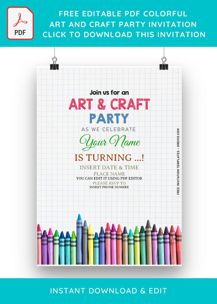 (Free Editable PDF) Colorful Art & Craft Party Invitation Templates with cute wording