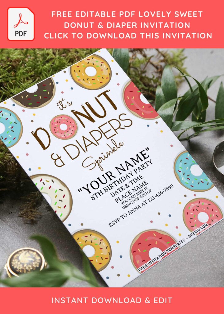 (Free Editable PDF) Lovely Donut And Diaper Invitation Templates with white background