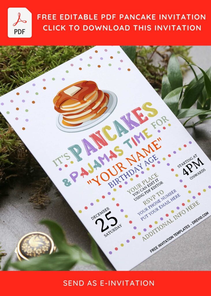 (Free Editable PDF) Colorful Pancake & Pajama Birthday Invitation Templates with delicious pancake