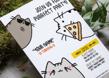(Free Editable PDF) Pusheen Cats Birthday Invitation Templates with Pusheen's eating pizza