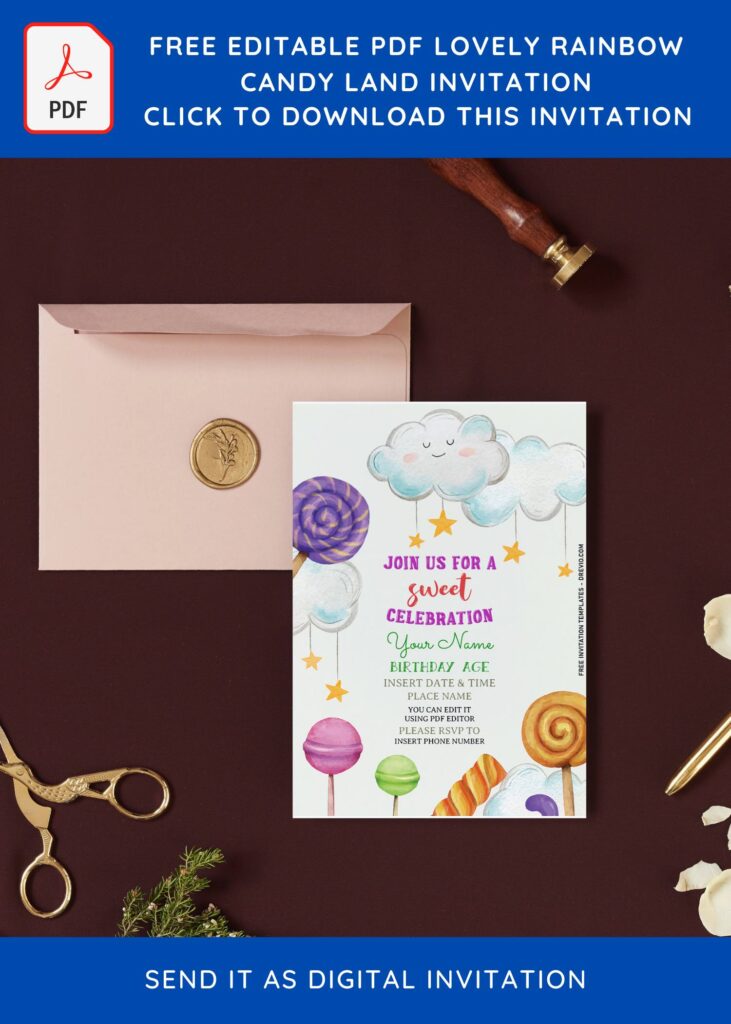 (Free Editable PDF) Fun Rainbow Candy Land Birthday Invitation Templates with cute wordings