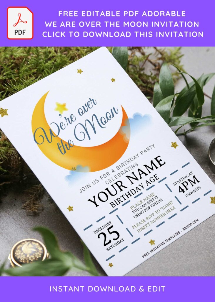 (Free Editable PDF) We Are Over The Moon Birthday Invitation Templates with colorful text
