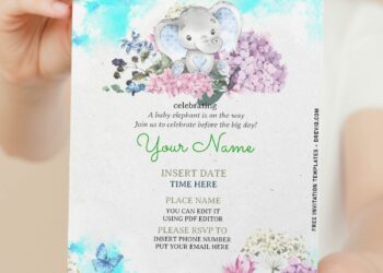 (Free Editable PDF) Adorable Baby Elephant Birthday Invitation Templates with enchanting blue watercolor background