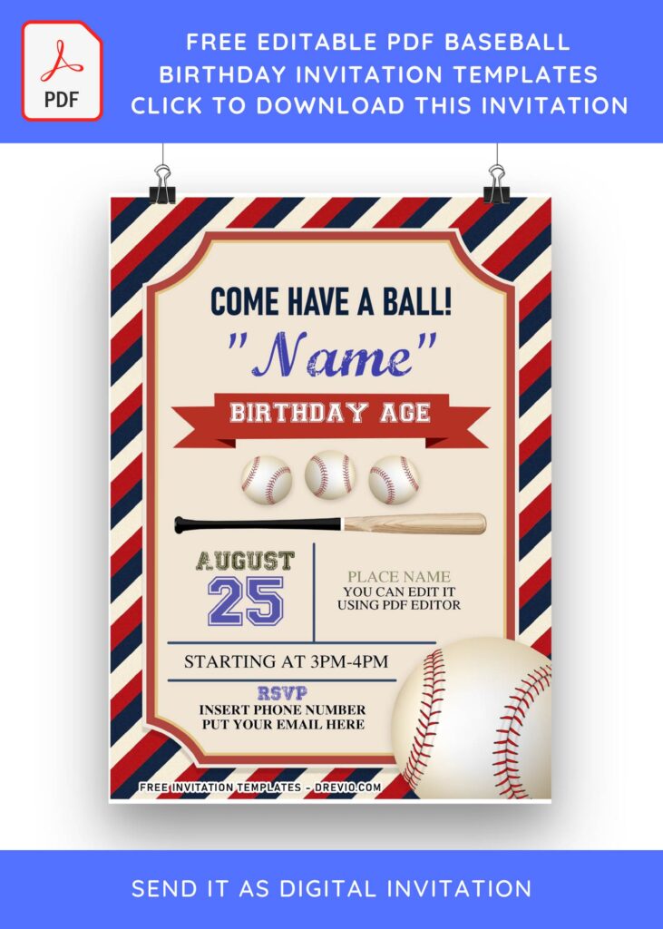 (Free Editable PDF) Awesome Baseball Boys Birthday Invitation Templates with red ribbon