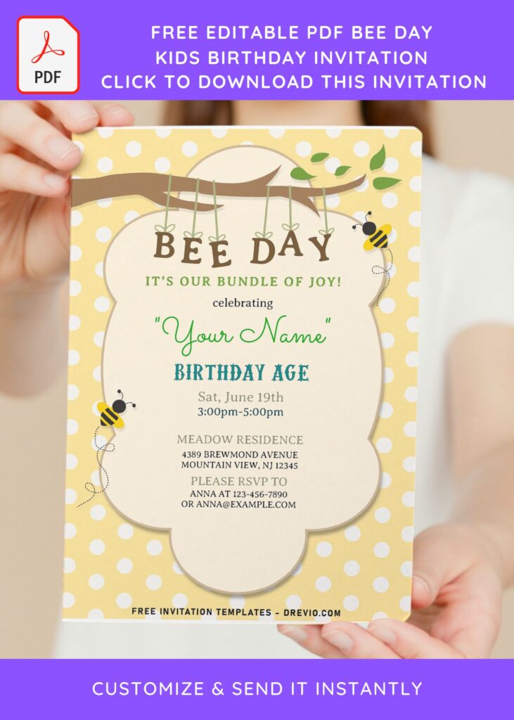 (Free Editable PDF) Happy Bee Day Birthday Invitation Templates with cute tree