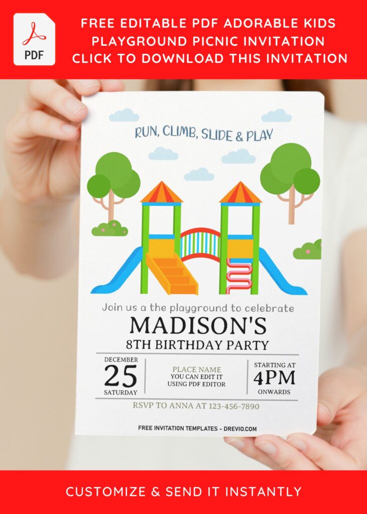 (Free Editable PDF) Adorable Kids Playground Picnic Invitation Templates with grass