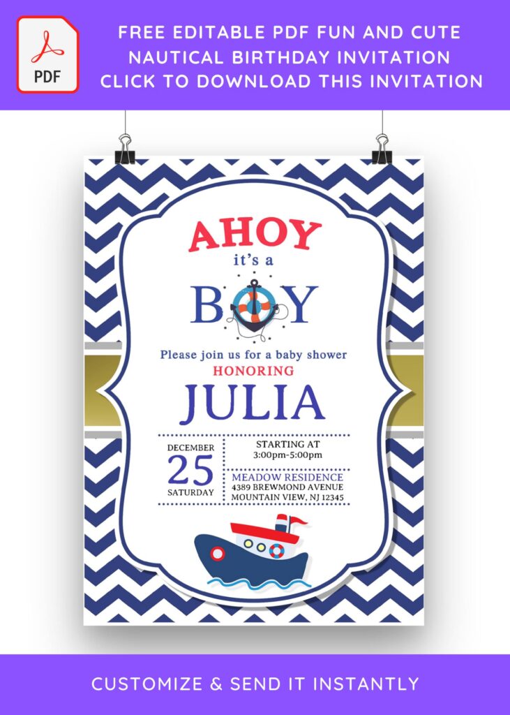 (Free Editable PDF) Fun & Cute Nautical Birthday Invitation Templates with blue chevron background