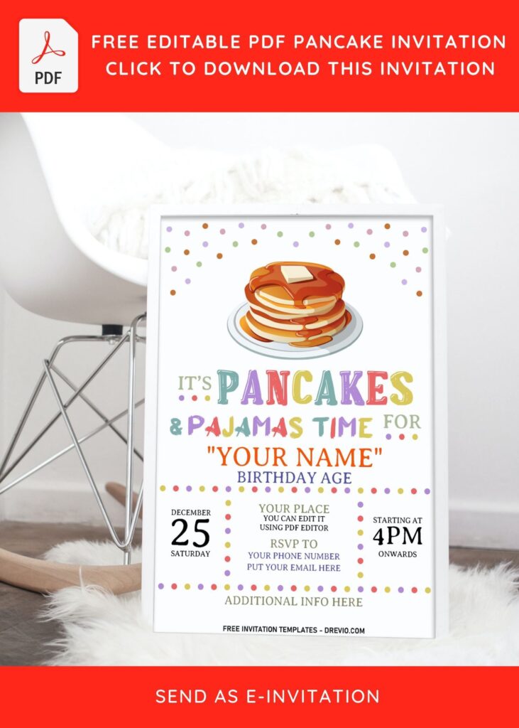 (Free Editable PDF) Colorful Pancake & Pajama Birthday Invitation Templates with colorful dots