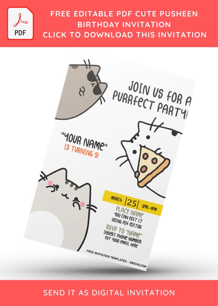 (Free Editable PDF) Pusheen Cats Birthday Invitation Templates with cute pusheen cats