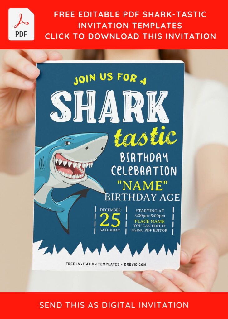 (Free Editable PDF) Cute Shark-Tastic Birthday Invitation Templates with cute wordings