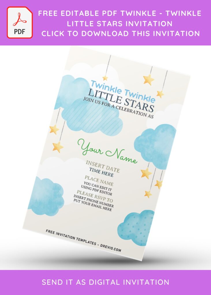 (Free Editable PDF) Watercolor Twinkle Little Stars Birthday Invitation Templates with cute wording