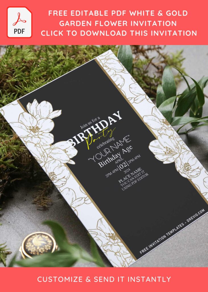 Invitation Template of (Free Editable PDF) White & Gold Garden Flowers Invitation Templates 2