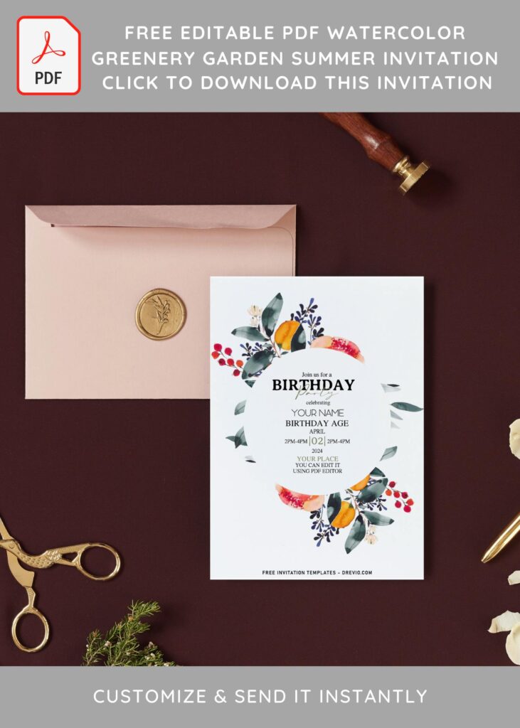 (Free Editable PDF) Greenery Garden Summer Invitation Templates with floral wreath