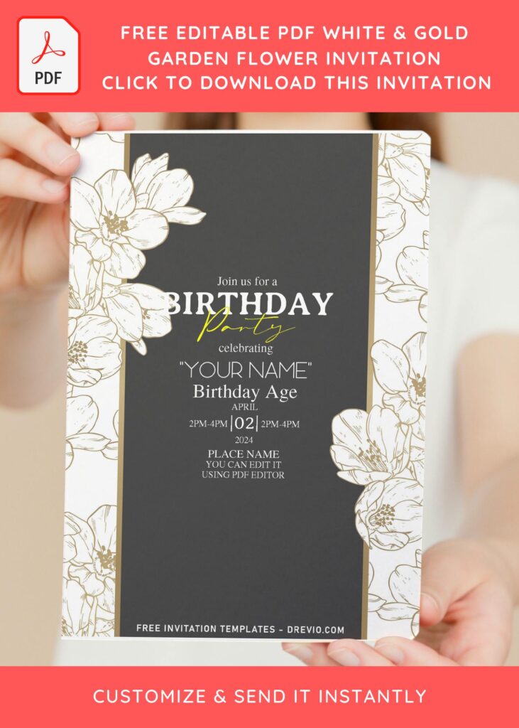 Invitation Template of (Free Editable PDF) White & Gold Garden Flowers Invitation Templates 1