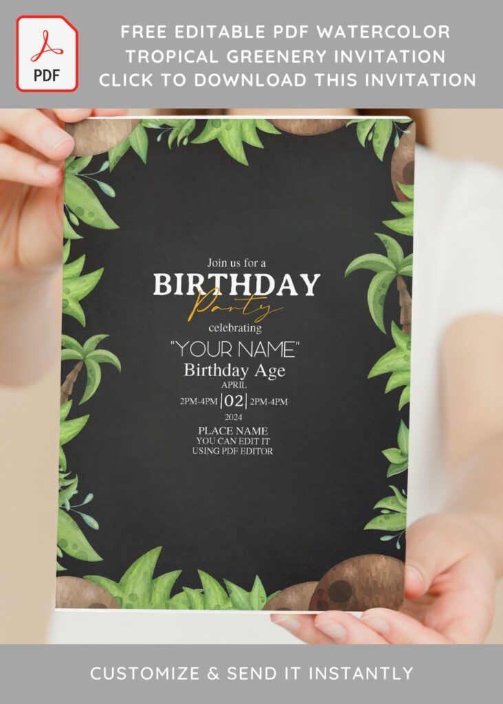 (Free Editable PDF) Cute Chalkboard Greenery Birthday Invitation Templates with aesthetic wording