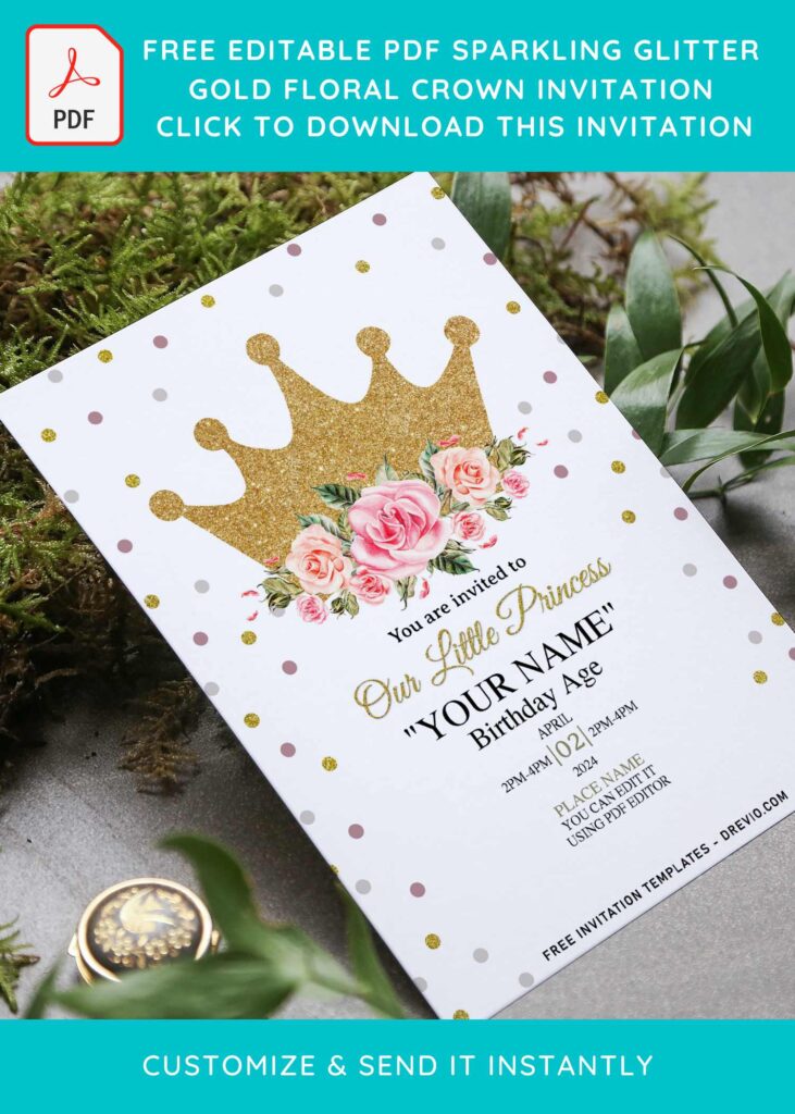 (Free Editable PDF) Sparkling Glitter Gold Floral Crown Invitation Templates with blush floral decorations