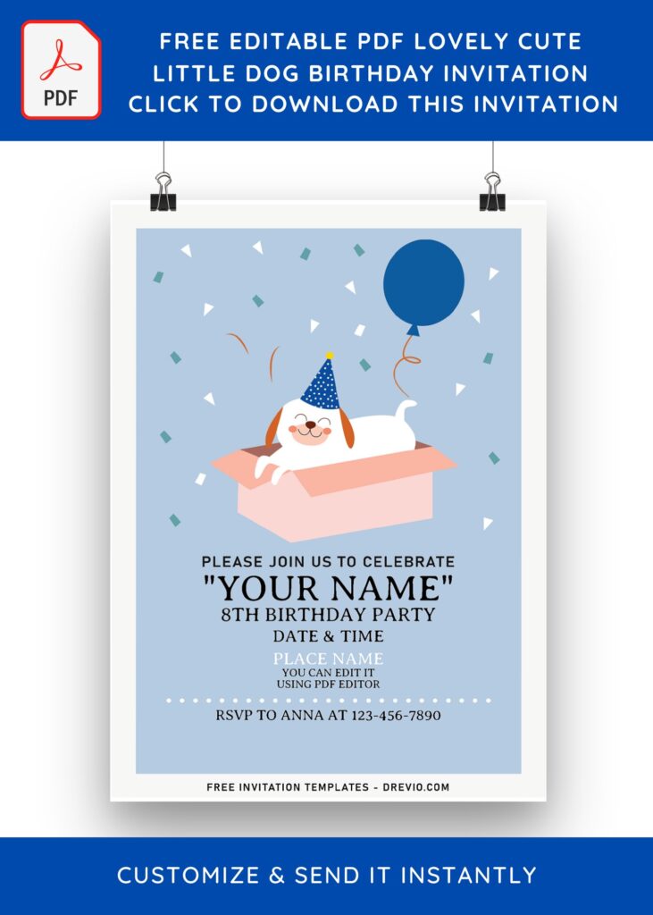 (Free Editable PDF) Lovely Cute Puppy Paw-Ty Birthday Invitation Templates