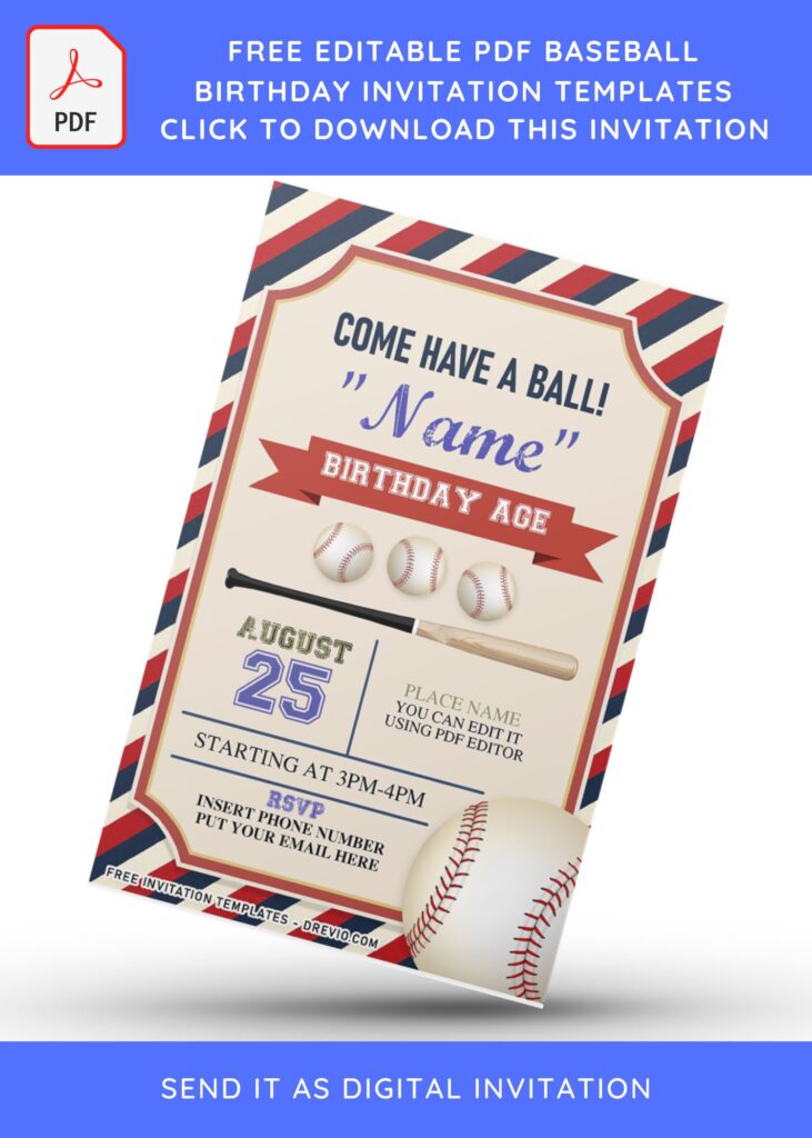 (Free Editable PDF) Awesome Baseball Boys Birthday Invitation Templates with vintage text frame