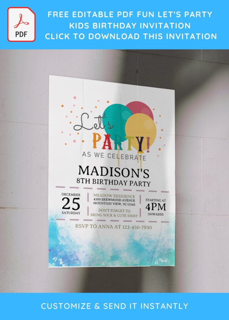 (Free Editable PDF) Fun Let's Party Kids Birthday Invitation Templates with colorful balloons