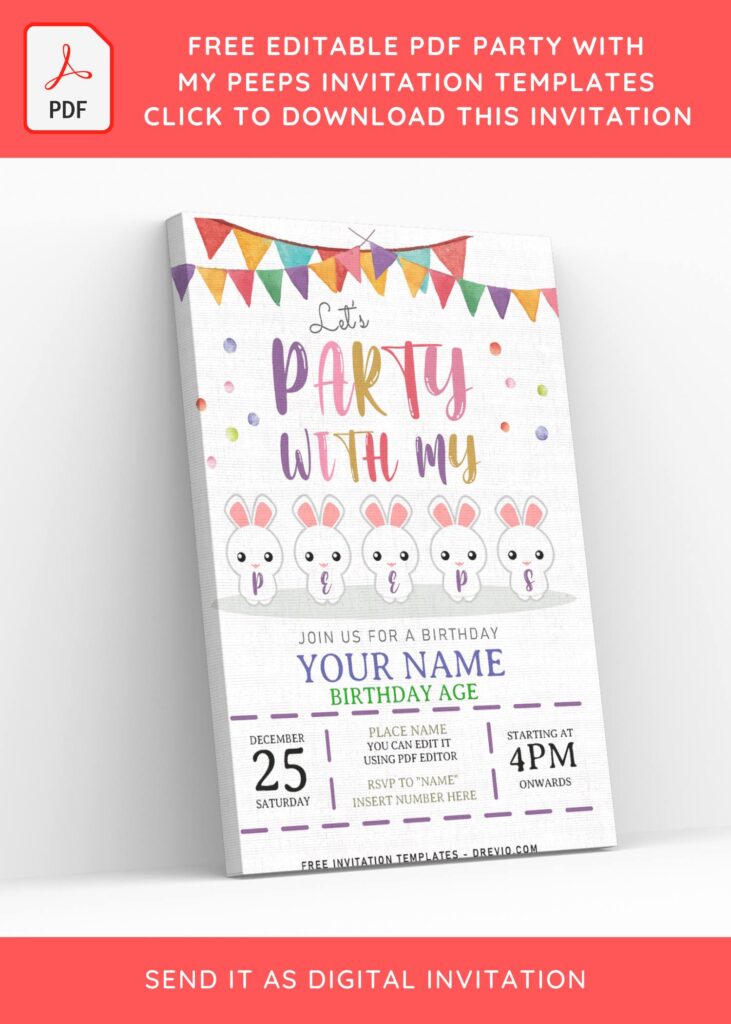 (Free Editable PDF) Lovely Party With My Peeps Kids Birthday Invitation with colorful flags