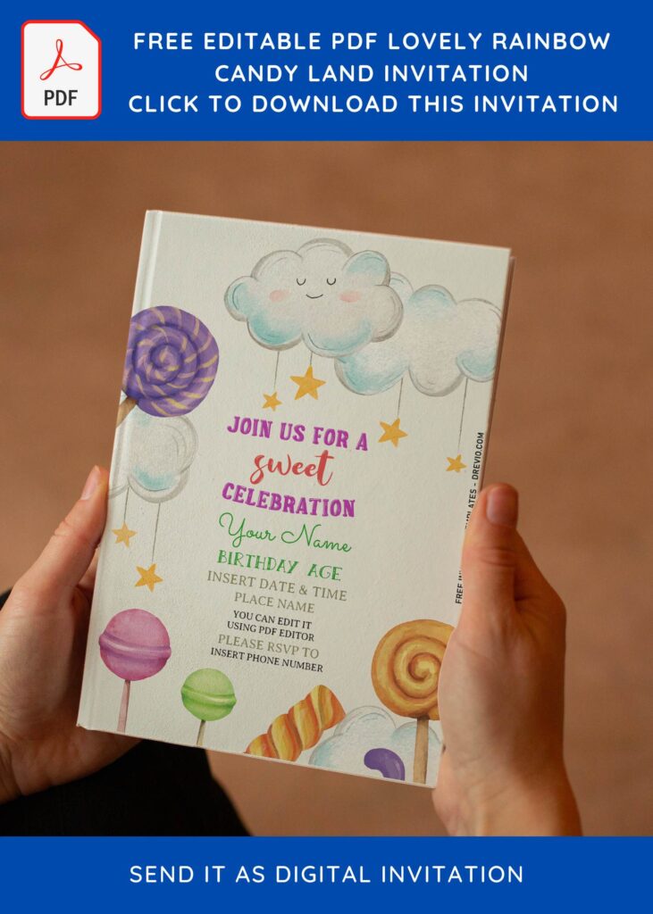 (Free Editable PDF) Fun Rainbow Candy Land Birthday Invitation Templates