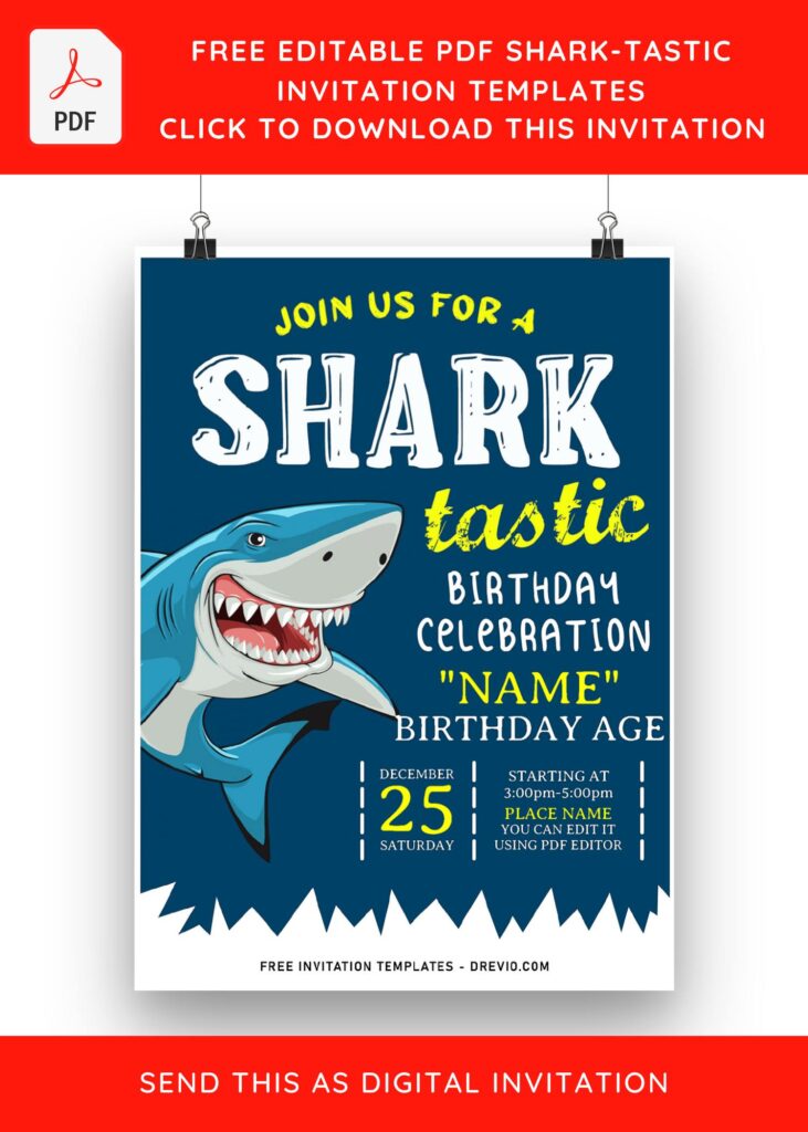(Free Editable PDF) Cute Shark-Tastic Birthday Invitation Templates with blue background