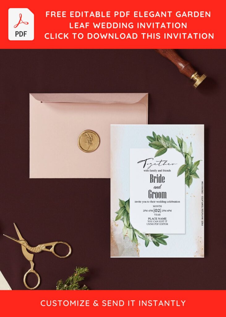 (Free Editable PDF) Elegant Garden Leaf Wedding Invitation Templates with white background