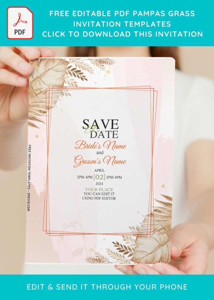 (Free Editable PDF) Enchanted Pampas Save The Date Invitation Templates with gold geometric text frame