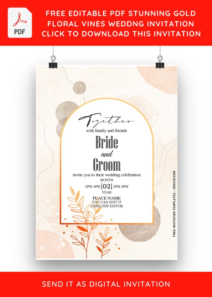 (Free Editable PDF) Stunning Gold Floral Vines Wedding Invitation Templates with gold greenery