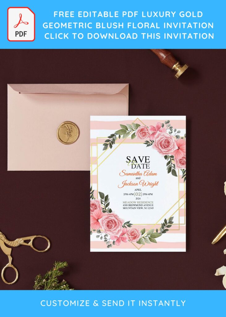 (Free Editable PDF) Luxury Gold Geometric Blush Floral Invitation Templates with watercolor roses