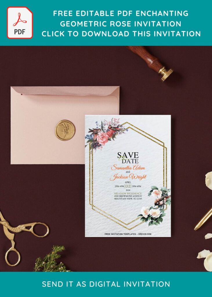 (Free Editable PDF) Enchanting Geometric Rose Wedding Invitation Templates