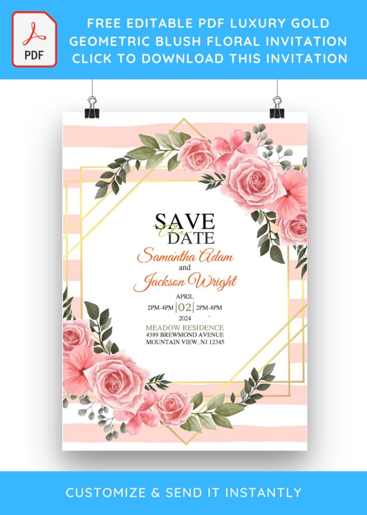 (Free Editable PDF) Luxury Gold Geometric Blush Floral Invitation Templates with blush pink background