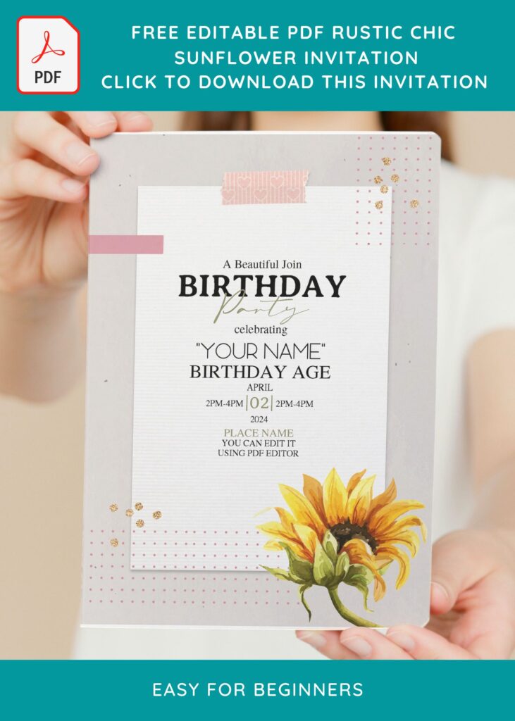 (Free Editable PDF) Modern Chic Sunflower Birthday Invitation Templates with cute text box