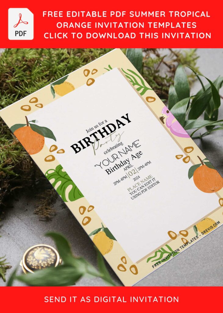 (Free Editable PDF) Cute Fresh Orange Birthday Invitation Templates with cute greenery leaves