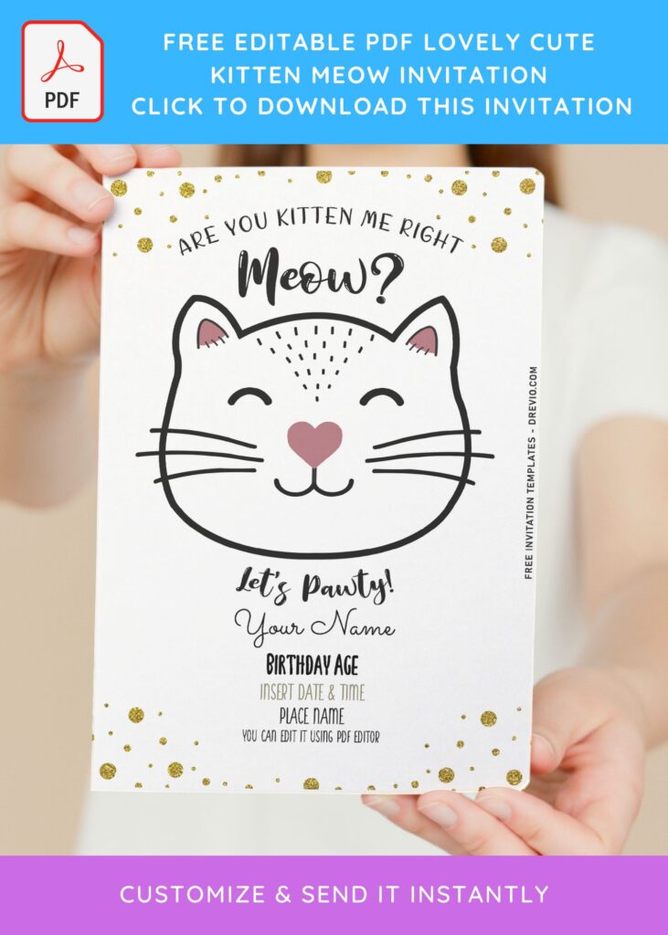 (Free Editable PDF) Lovely Cute Kitten Meow Birthday Invitation Templates