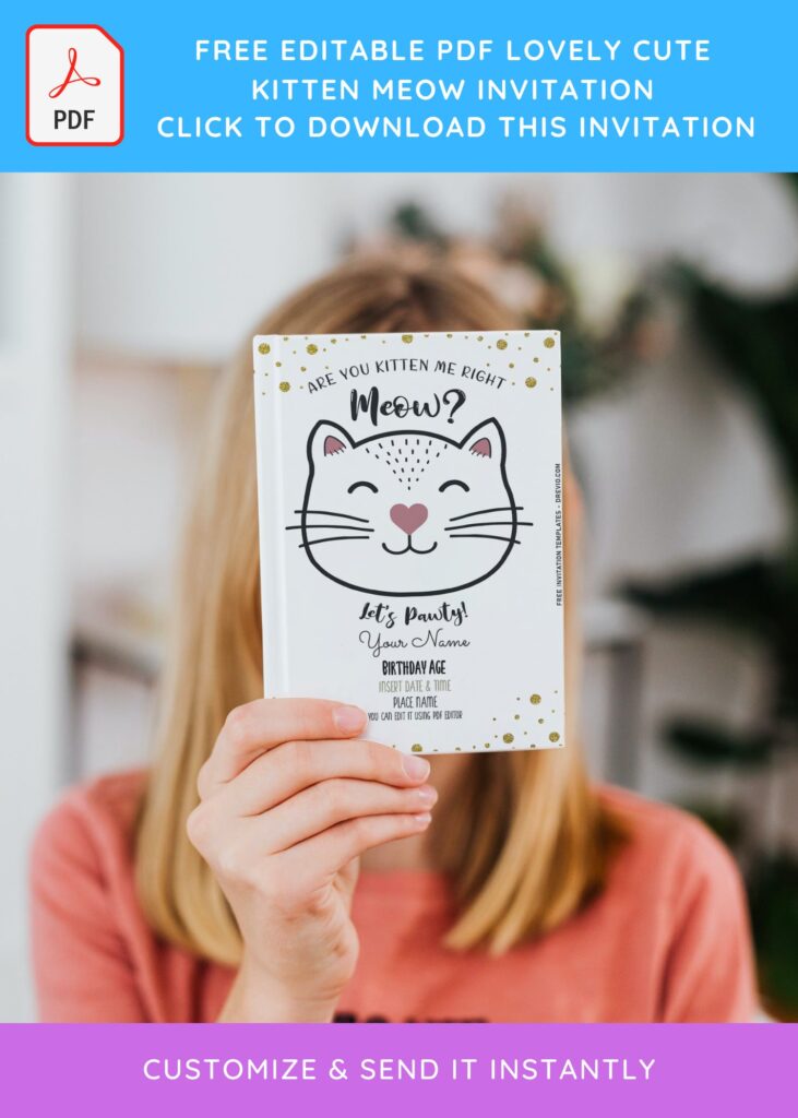 (Free Editable PDF) Lovely Cute Kitten Meow Birthday Invitation Templates with gold sparkles