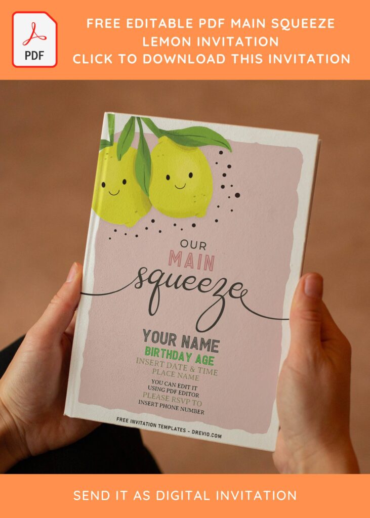 (Free Editable PDF) Cute Main Squeeze Lemon Invitation Templates with cute dot pattern