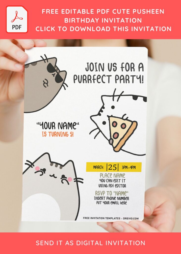 (Free Editable PDF) Pusheen Cats Birthday Invitation Templates with white background